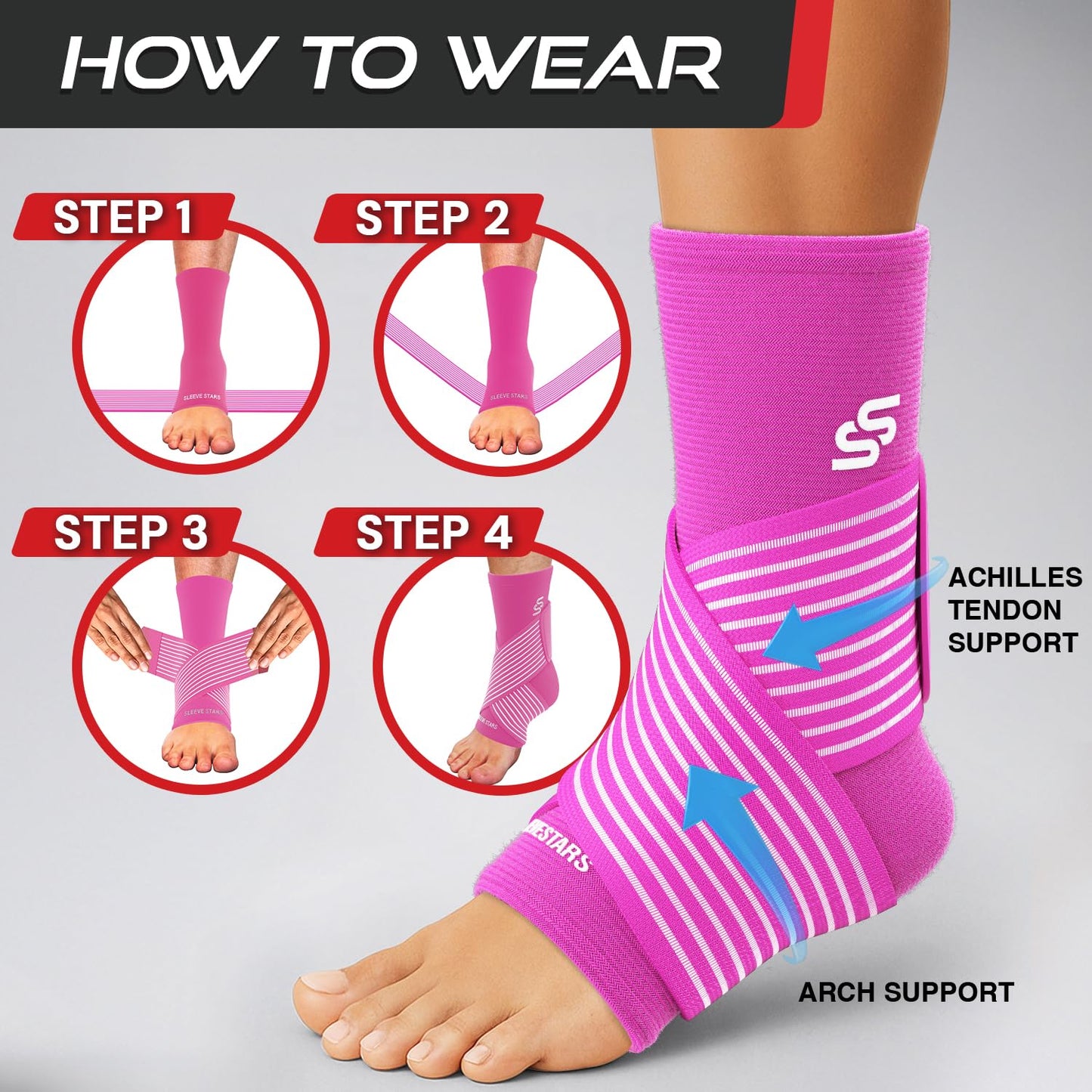 Sleeve Stars Knöchelbandage für Damen & Herren, Knöchelwickel für Verstauchungen, Kompressionsmanschette zur Linderung von Plantarfasziitis, Leicht anpassbare Unterstützung: mit abnehmbarem Gurt (Einzeln/M:25-30cm/Schwarz)