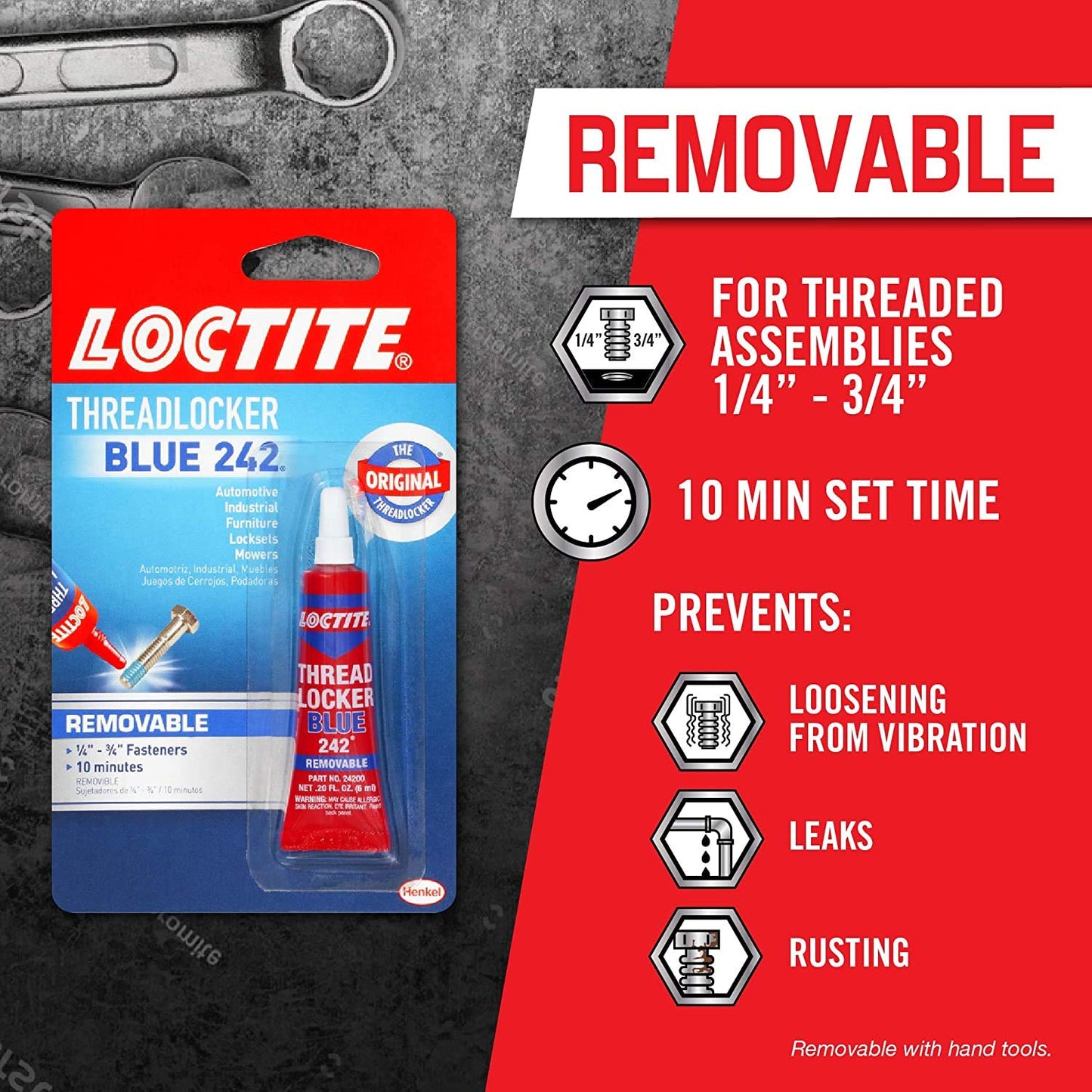 Loctite Threadlocker Blue 242 - Removable Thread Lock Glue for Nuts, Bolts, & Fasteners, Medium Strength Screw Glue to Prevent Loosening & Corrosion - 6 ml, 1 Pack