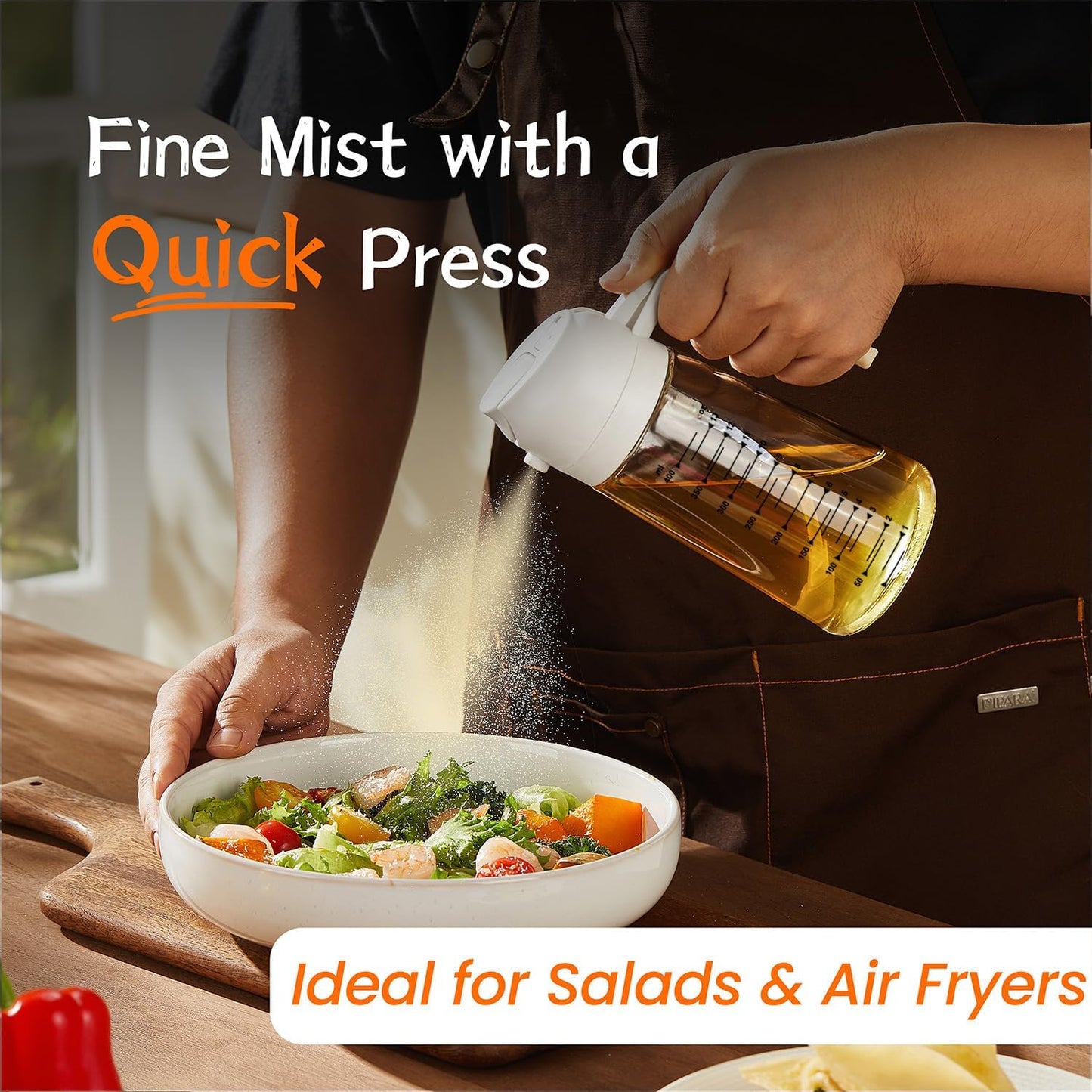 TrendPlain 470ml Olivenölsprühflasche für Küchengeräte – 2-in-1 Olivenölspenderflasche und Airfryer-Zubehör zum Kochen, für Salate und BBQ – Schwarz