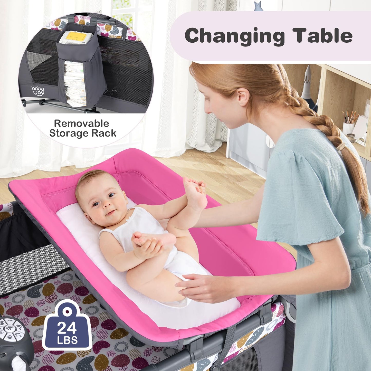 BABY JOY 5 in 1 Pink Pack and Play, Portable Baby Playard with Bassinet & Changing Table, Infant Pink Girl Bassinet Center w/Hangings & Music & Oxford Bag for Baby Toddlers (Rose, Dot Circle)