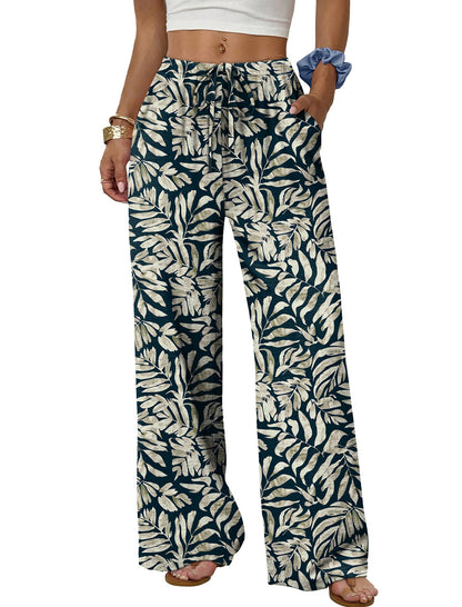 Sampeel Wide Leg Pants for Women Flowy Palazzo Drawstring Elastic Waist Trousers with Pockets Summer Beach Vacation Clothes