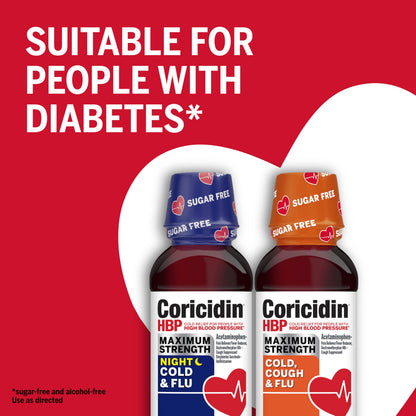 Coricidin HBP Maximum Strength Cold & Flu Day & Night Sugar-Free Liquid Twinpack,Decongestant-Free Cold Medicine for Adults with High Blood Pressure -12 Fl Oz,2 Count (Pack of 2)