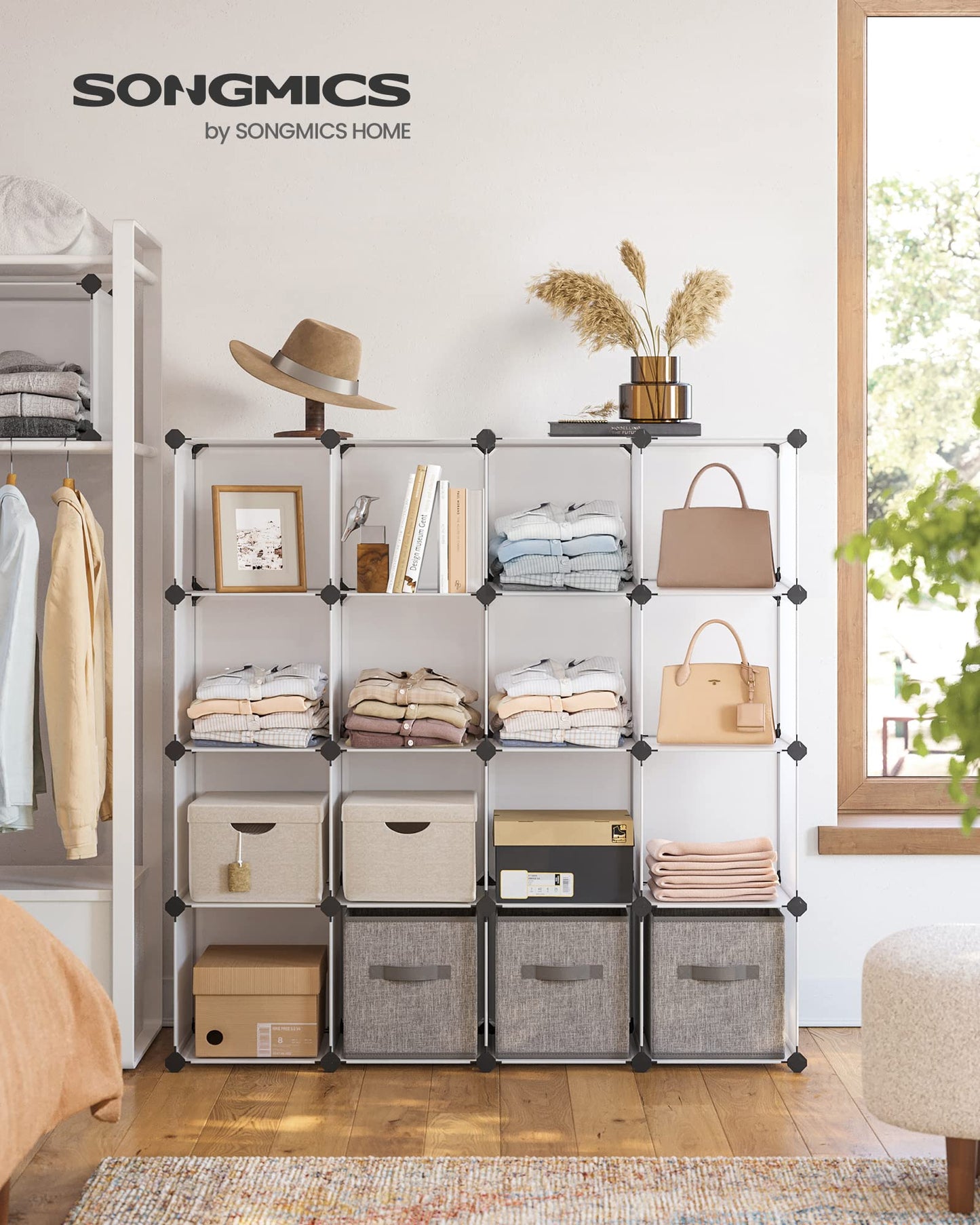 SONGMICS Cube Storage Organizer, Set of 16 Plastic Cubes, Closet Organizers and Storage, Room Organization, Bedroom Living Room, 12.2 x 48.4 x 48.4 Inches, Rustic Brown ULPC442A01