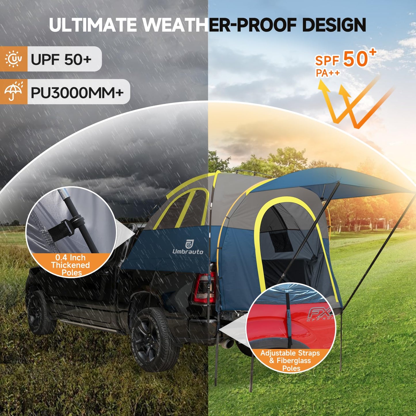 Truck Bed Tent 5.5-6ft: Easy Set Up Umburato Pickup Truck Tents for Camping, Waterproof PU3000mm Canopy for Truck Camper, Portable, Spacious for 2 Person Green