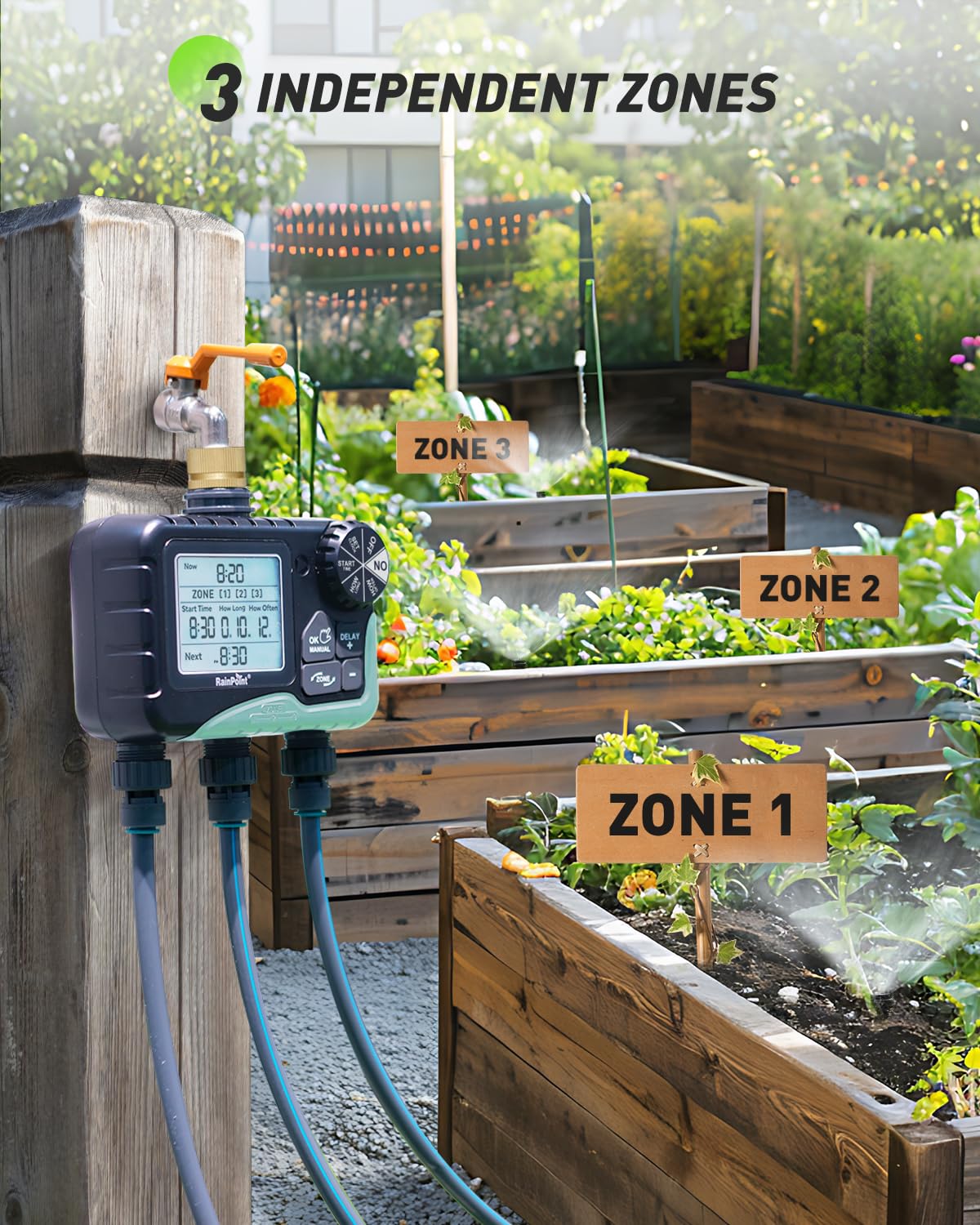 RAINPOINT 3 Zone Water Timer with Brass Inlet & Outlet, 3 Custom Watering Plans Sprinkler Timer, Featuring IP65 Waterproof,Rain Delay, Manual & Automatic Watering with Large LCD for Yard, 2026 Ver.