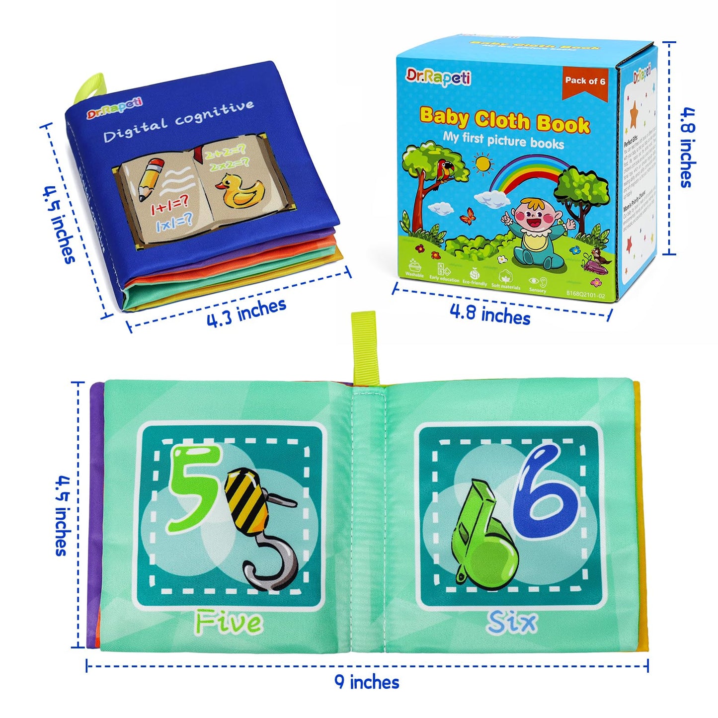 Dr.Rapeti Stoffbücher Babybücher Badebücher 6er-Pack für Babys Kleinkinder Kinder Raschelnd Quietschend Waschbar Beißfest Ungiftig Frühpädagogisch Geschenkbar
