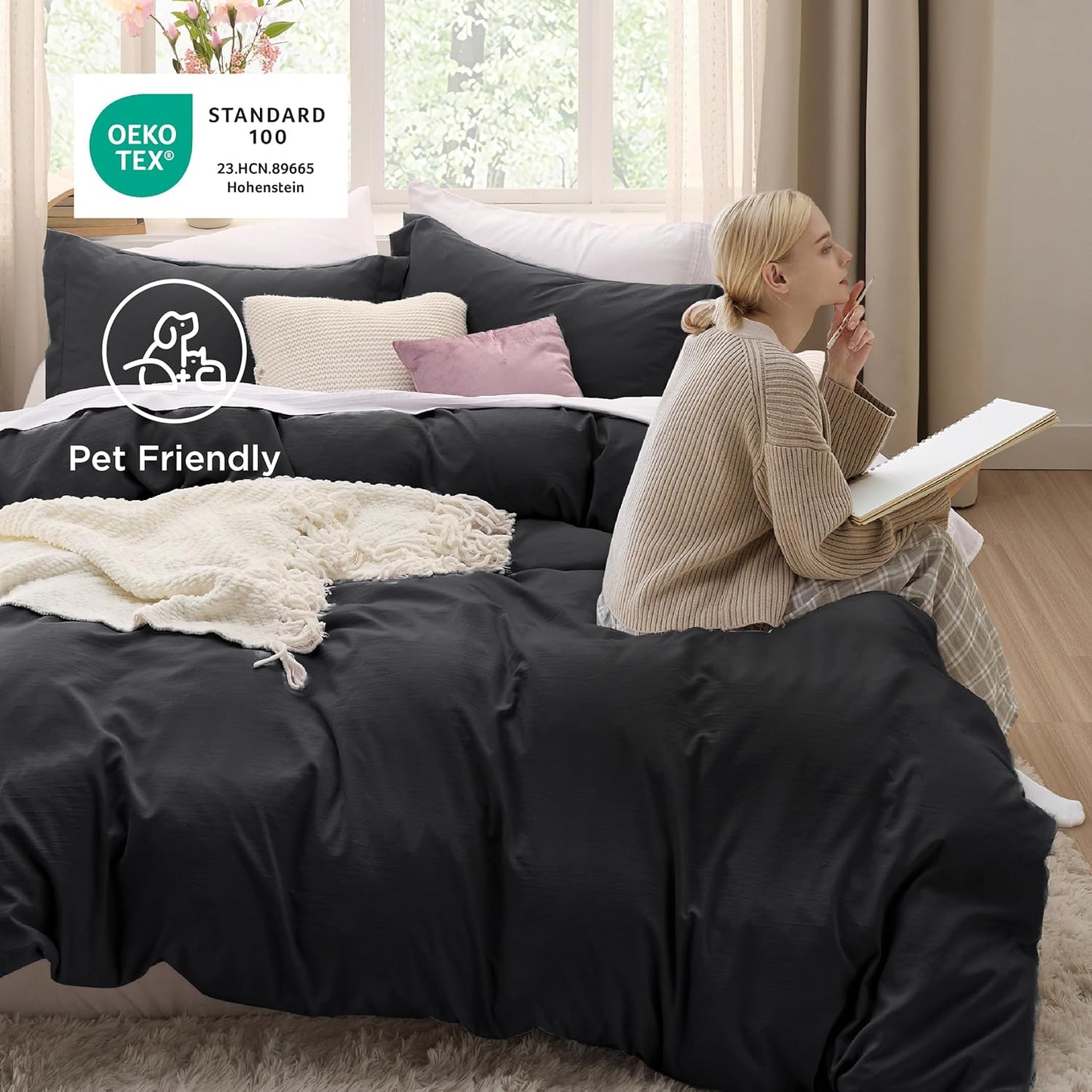 Funda nórdica blanca Bedsure, tamaño Queen, 3 piezas, aspecto de algodón prelavado, juego de cama extrasuave, incluye 1 funda nórdica de 228 x 228 cm con cierre de cremallera y 2 fundas de almohada, edredón no incluido