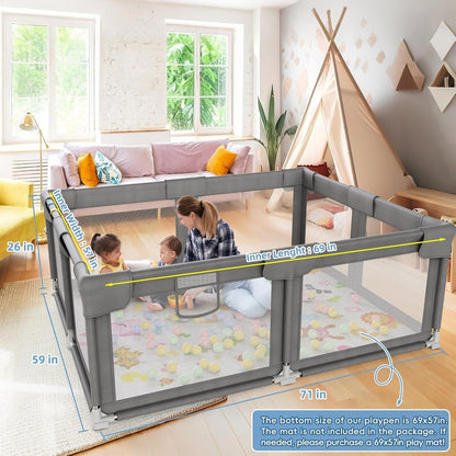 Palopalo Baby Laufgitter, 180x150cm Extra Großer Laufstall für Babys und Kleinkinder, Baby-Aktivitätszentrum mit 8 Saugnapfbasen, Baby-Laufstall mit Tür und weichem, atmungsaktivem Netz, Ohne Matte