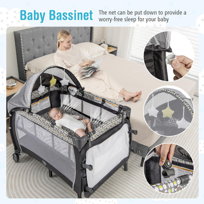 BABY JOY 4 in 1 Pack and Play with Canopy, Portable Baby Playard with Bassinet, Double-Layer Baby Crib, Wheels & Brake, Foldable Baby Girl Pink Bassinet from Newborn to Toddler