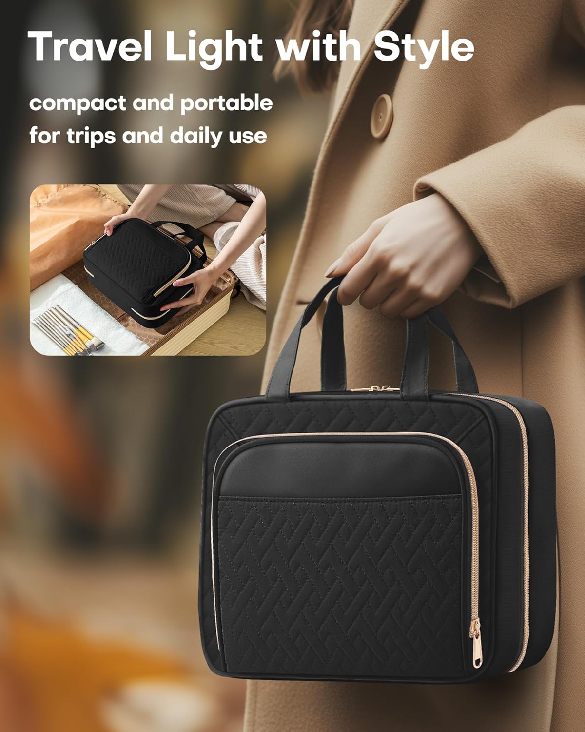 HOTOR Kulturbeutel für Damen – Geräumiger Kulturbeutel für Herren, Wasserdichte Make-up-Tasche mit Aufhängehaken und mehreren Fächern, Reiseaccessoires, Reiseutensilien, Schwarz, Mittel
