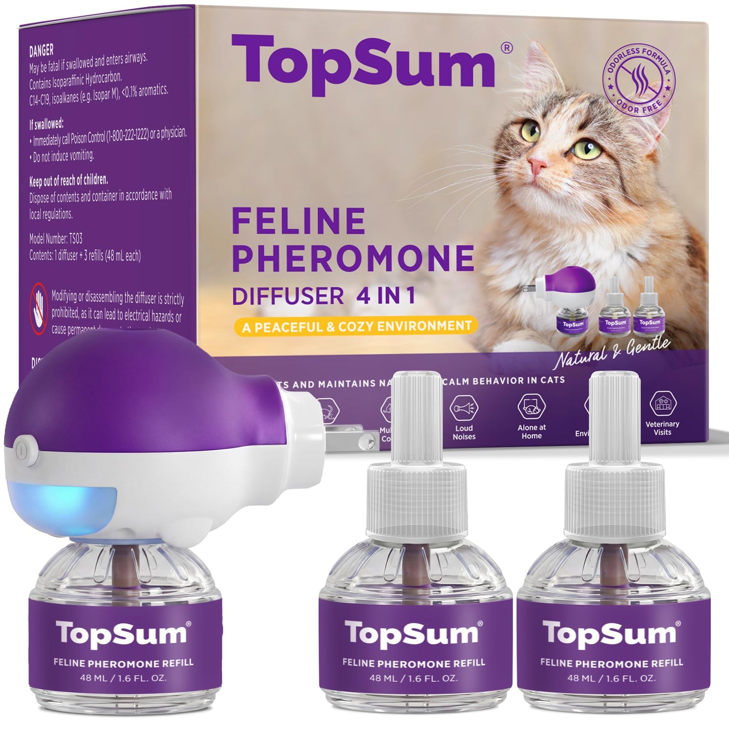 TopSum Cat Calming Pheromone Diffuser: Feline Pheromones Plug in for Stress, Alone At Home, Spraying, Fighting, Scratching, Aggression & Excessive Meowing (Purple– 6 Refills)