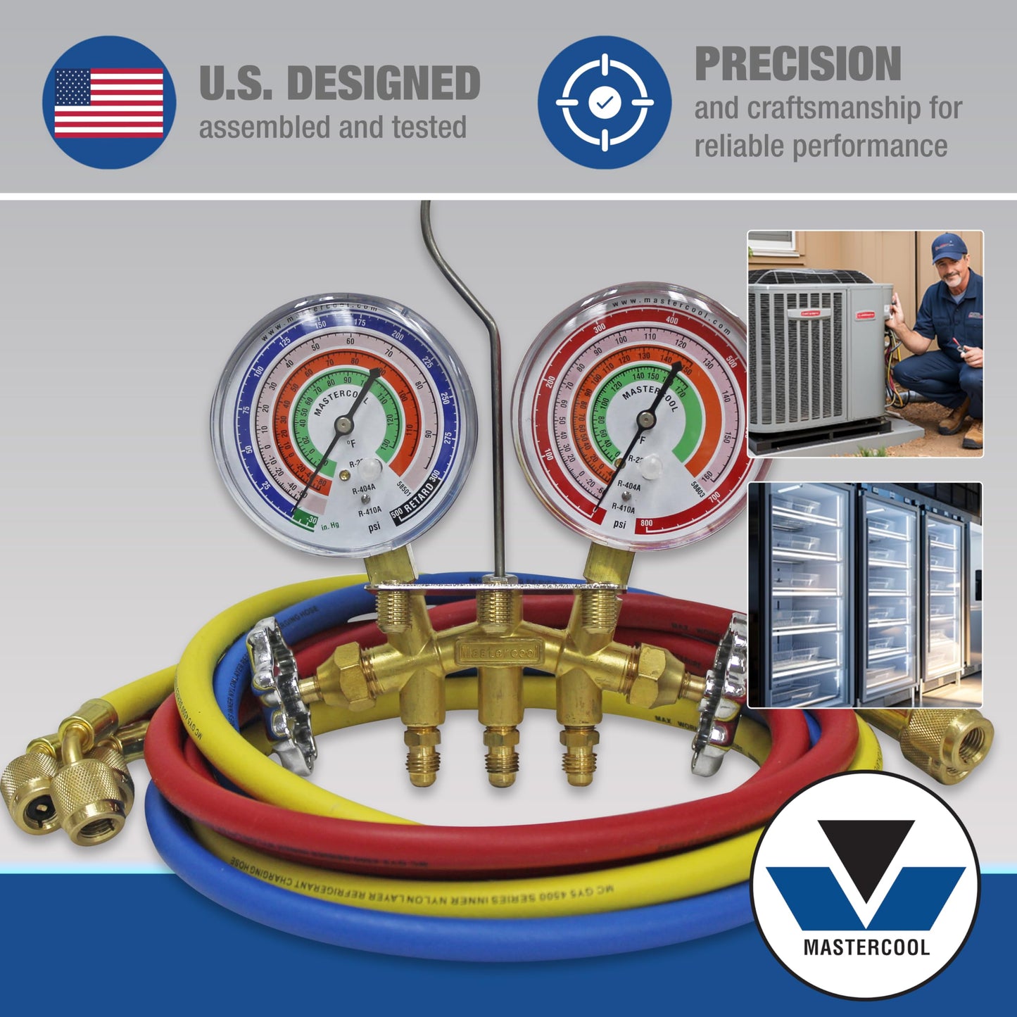 Mastercool 59161 2-Way Heavy Duty Brass Manifold Gauge Set with 3 1/8" Silicone Dampened Gauges and 1/4" SAE Fittings for R410a, R22, R404A - U.S. Assembled & Tested with 60" Hoses