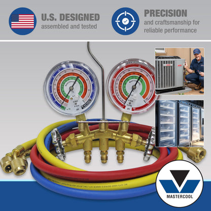 Mastercool 59161 2-Way Heavy Duty Brass Manifold Gauge Set with 3 1/8" Silicone Dampened Gauges and 1/4" SAE Fittings for R410a, R22, R404A - U.S. Assembled & Tested with 60" Hoses