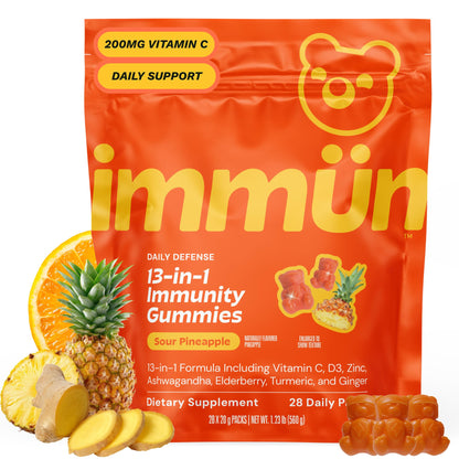 Grüns 3 x 28 Pack Immun Sugar Free Immunity Gummies with Vitamin C, Zinc, MCT Oil, & Turmeric - Daily Immune Support Supplement for Adults - Sour Pineapple Flavor (28 Count) (Pack of 3)