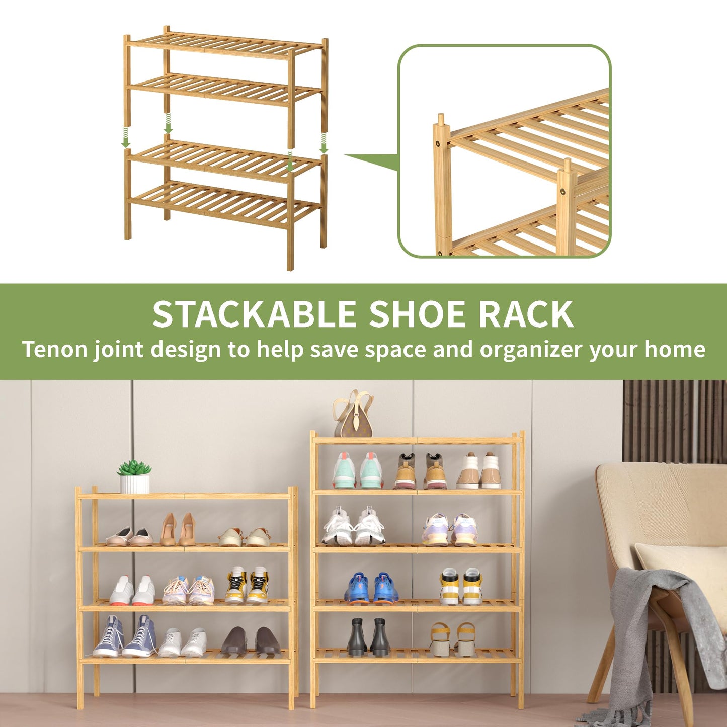 ROMGUAR CRAFT 3 Tier Bamboo Shoe Rack for Closet Free Standing Wood Shoe Shelf Storage Organizer for Entryway Small Space Stackable 27"x11"x20" (Natural)