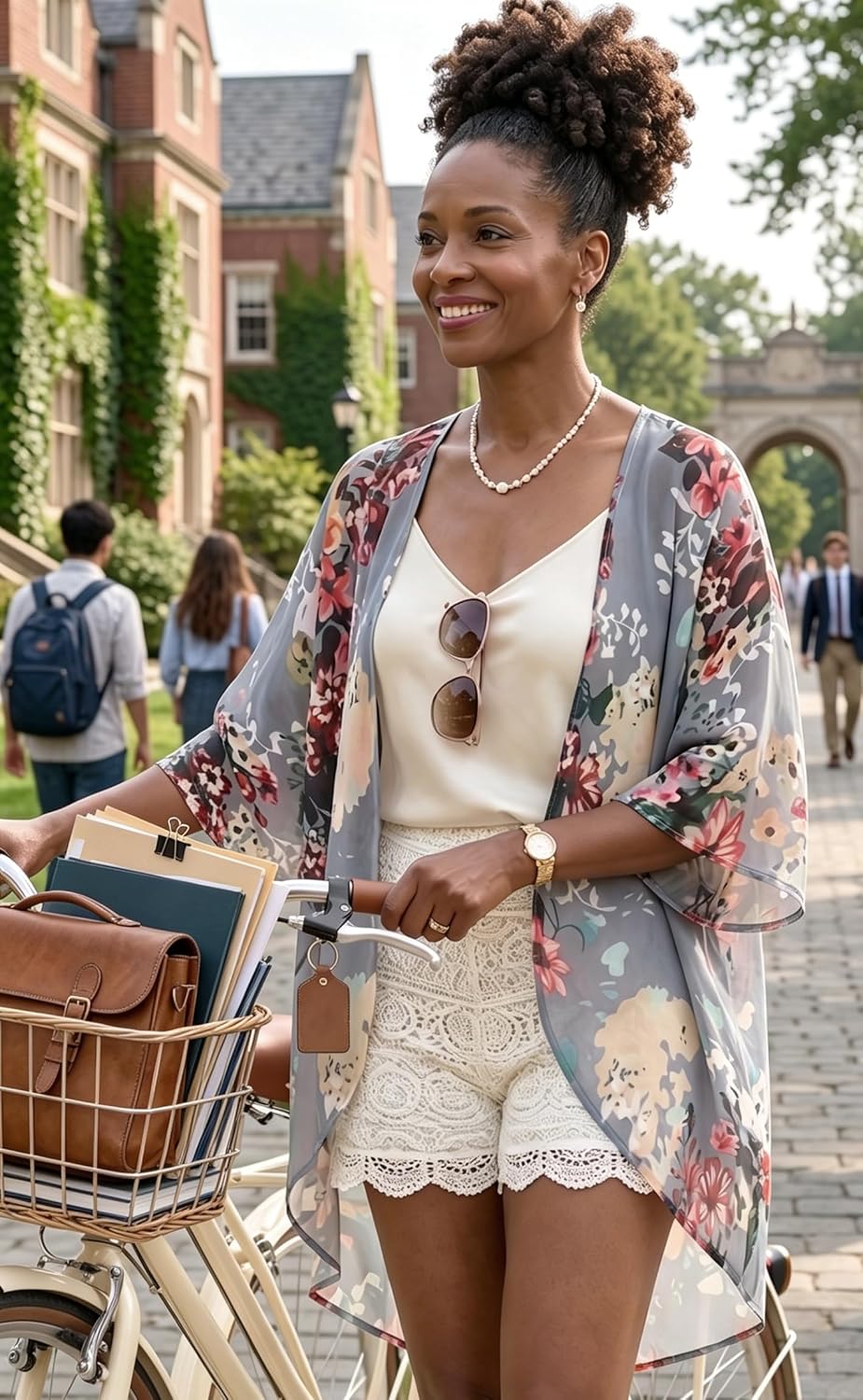 Women's Floral Print Puff Sleeve Kimono Cardigan