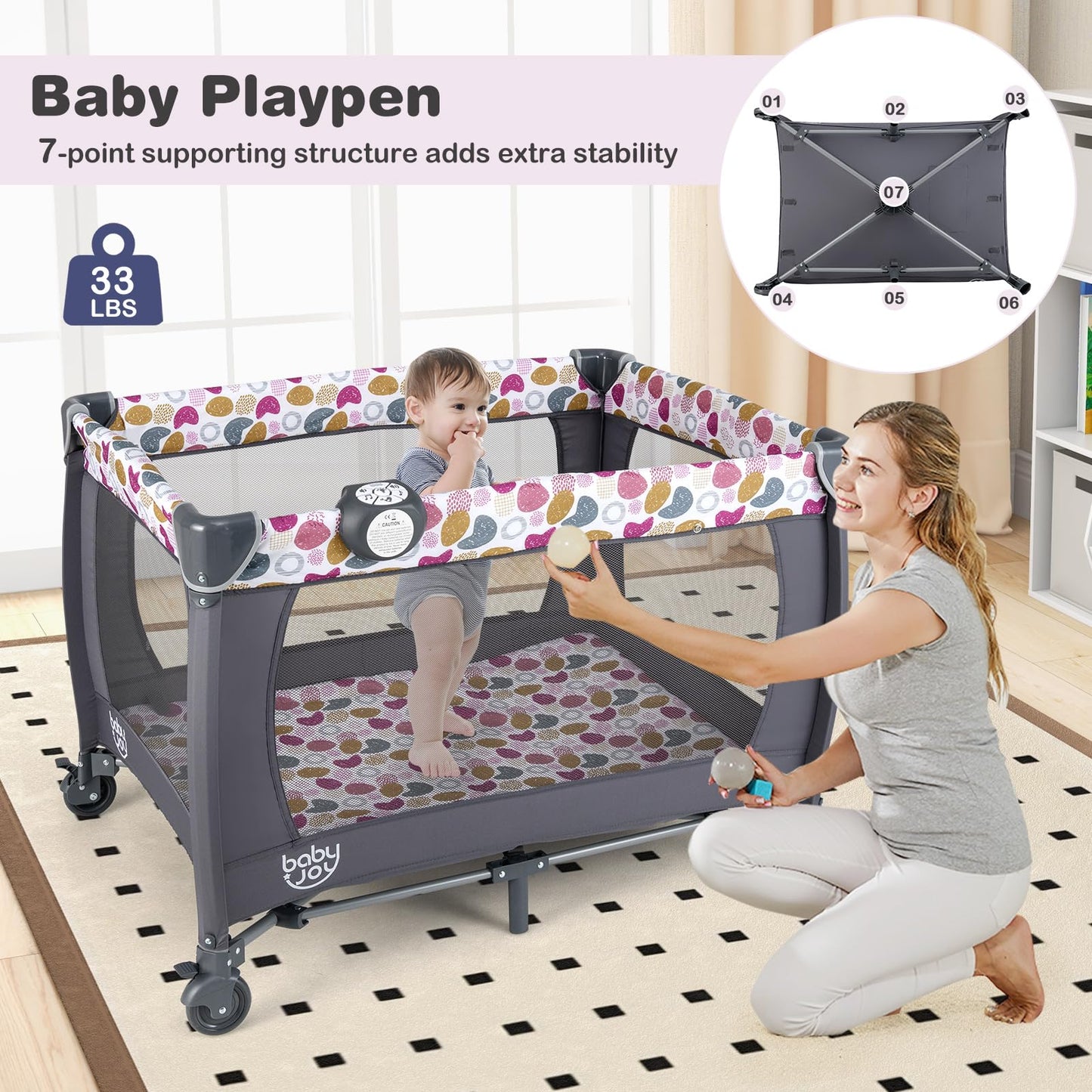 BABY JOY 5 in 1 Pink Pack and Play, Portable Baby Playard with Bassinet & Changing Table, Infant Pink Girl Bassinet Center w/Hangings & Music & Oxford Bag for Baby Toddlers (Rose, Dot Circle)