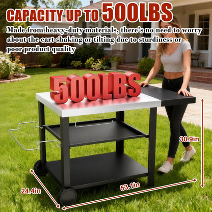 Pizza Oven Table Grill Cart with Topping Station, Grill Table Stand with Wheels for Ninja, Blackstone Griddle, Ooni, Gozney, Cuisinart, Heavy Duty BBQ Prep Cart with Storage Shelf and Hooks