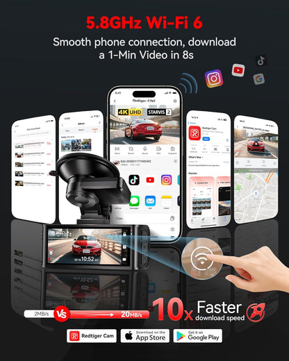 REDTIGER 4K Dashcam vorne und hinten, STARVIS 2 Sensor, Touchscreen 3,18", Sprachsteuerung, 20 MB/s 5,8 GHz WiFi 6 Auto-Dashcam mit 128 GB Karte, GPS, Nachtsicht, Notfall-Sperre, Parkmodus (F7N Touch)