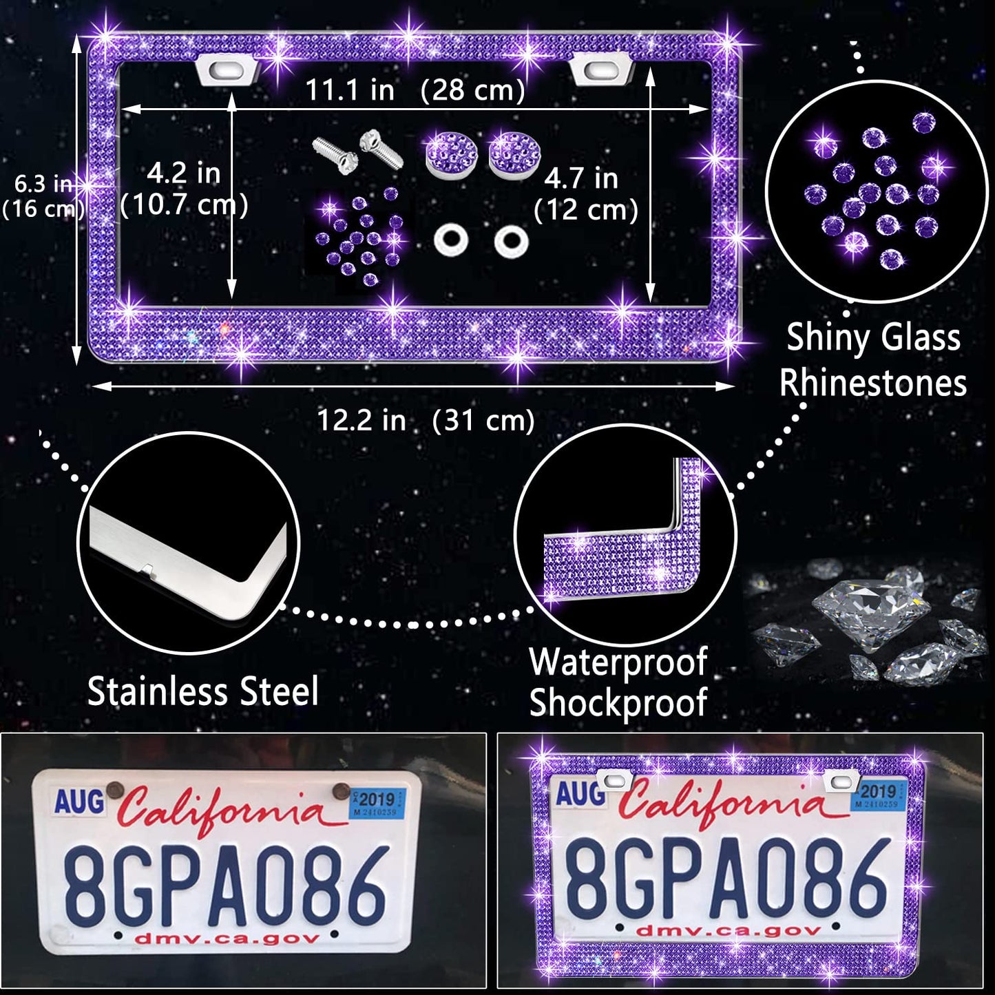 NBTEPEM 27-Piece Bling Car Accessories Set - Universal Fit Steering Wheel Covers, License Plate Frames, Phone Holder, Car Fast Charger, Coasters (Pink)
