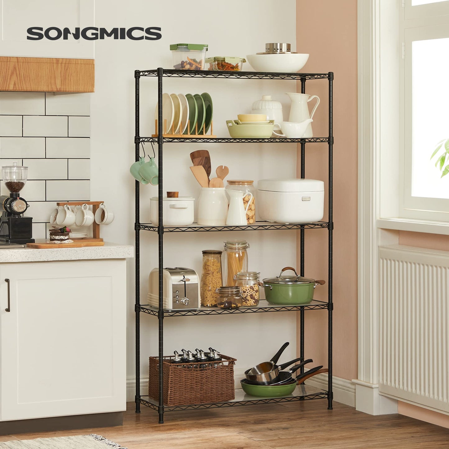 SONGMICS Storage Shelf, Small Metal Wire Shelving Unit, Adjustable Shelves, for Small Spaces, Garage, Bedroom, Living Room, Kitchen, Pantry, 5 Tier, 11.8 x 11.8 x 47.6 Inches, Ink Black ULGR123BH01