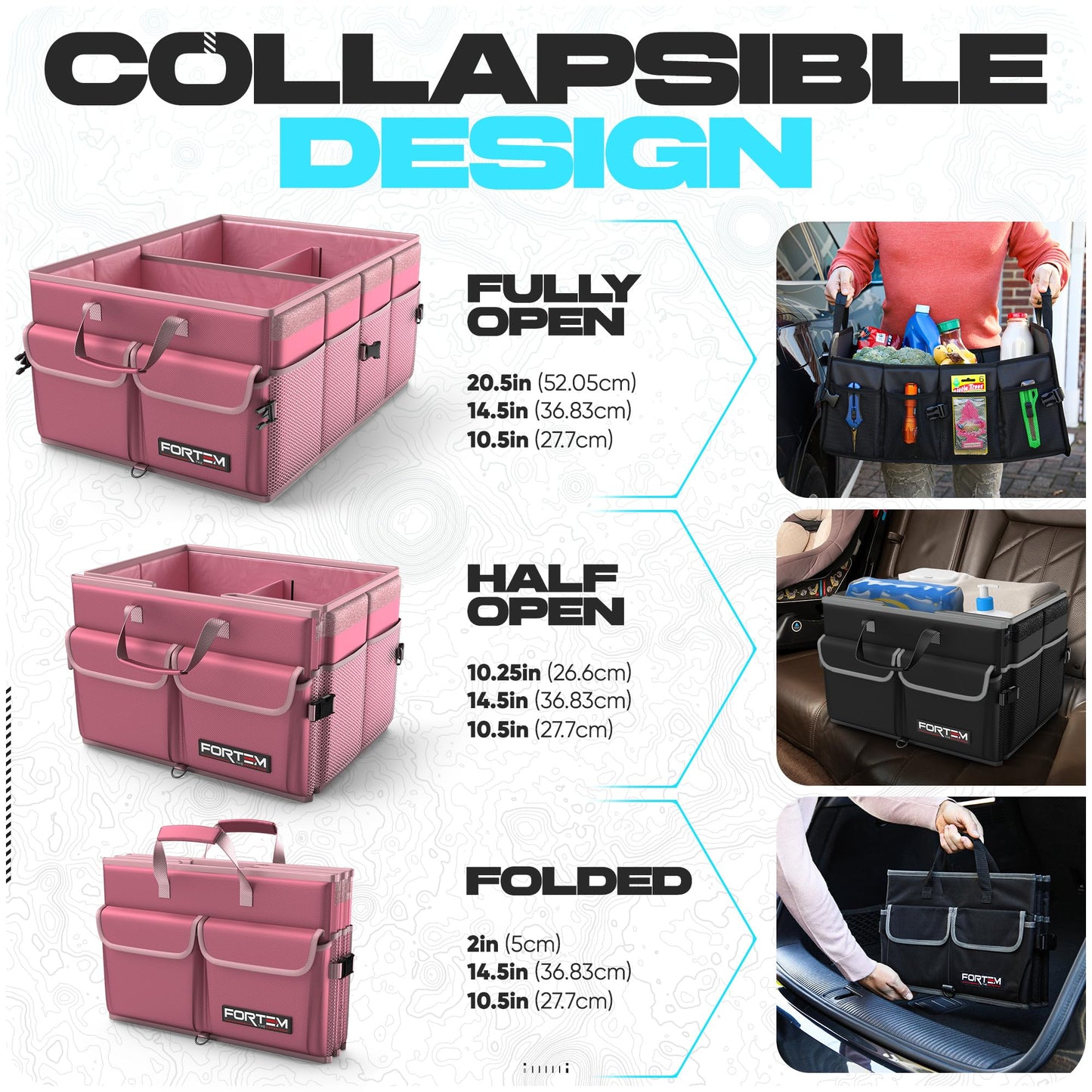 FORTEM Car Trunk Organizer, Collapsible Multi Compartment Car Organizer, Foldable SUV Storage for Car Accessories for Women Men, Non Slip Bottom, Securing Straps, Soft Cover 50L (Black, Standard)