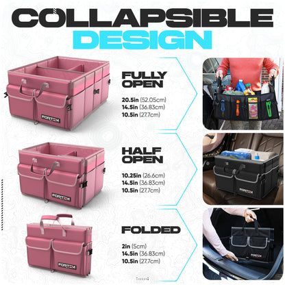FORTEM Car Trunk Organizer, Collapsible Multi Compartment Car Organizer, Foldable SUV Storage for Car Accessories for Women Men, Non Slip Bottom, Securing Straps, Soft Cover 50L (Black, Standard)