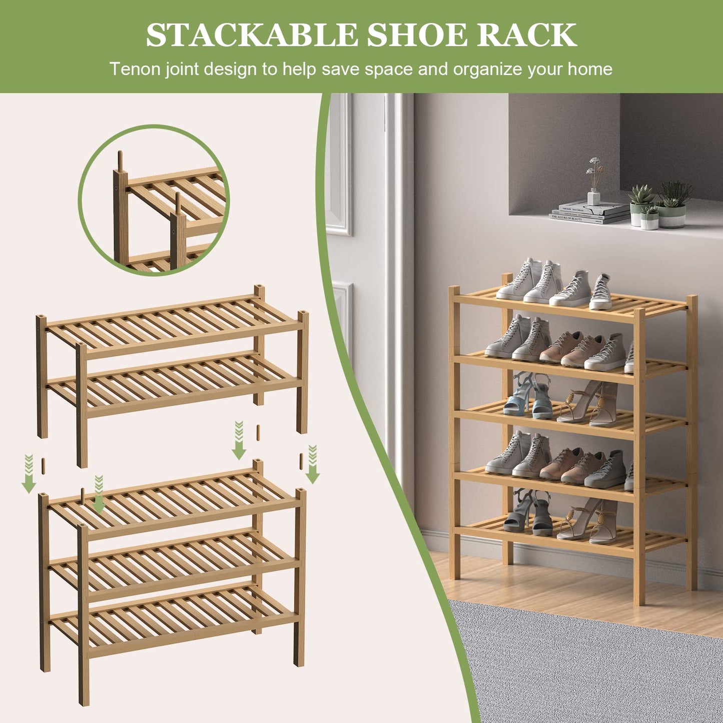 ROMGUAR CRAFT 3 Tier Bamboo Shoe Rack for Closet Free Standing Wood Shoe Shelf Storage Organizer for Entryway Small Space Stackable 27"x11"x20" (Natural)