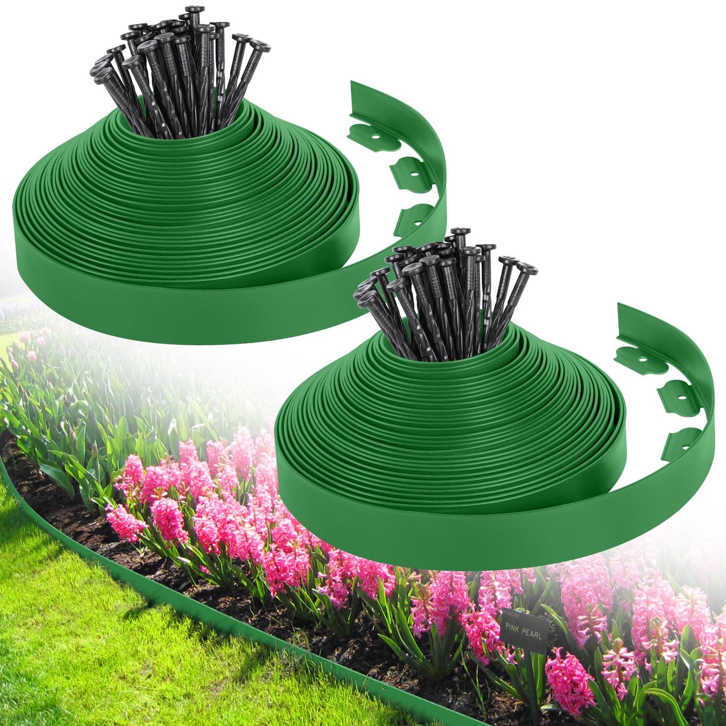 2-Inch x 66 FT Landscape Edging Border with 100 Spikes, No Dig Garden Border Edging Kit, Plastic Edging Border Flexible for Garden Flower Beds Lawn Yard Paver Pathway (Black)