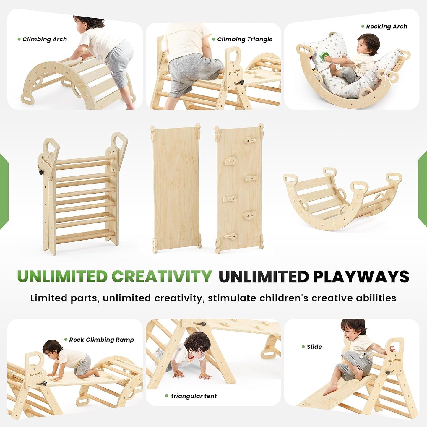 BlueWood Pikler Triangle Set with Cushion, 8-in-1 Climbing Toys for Toddlers, Montessori Philosophy Play Jungle Gym with Arch, Ramp, Ladder(Natural Wood)
