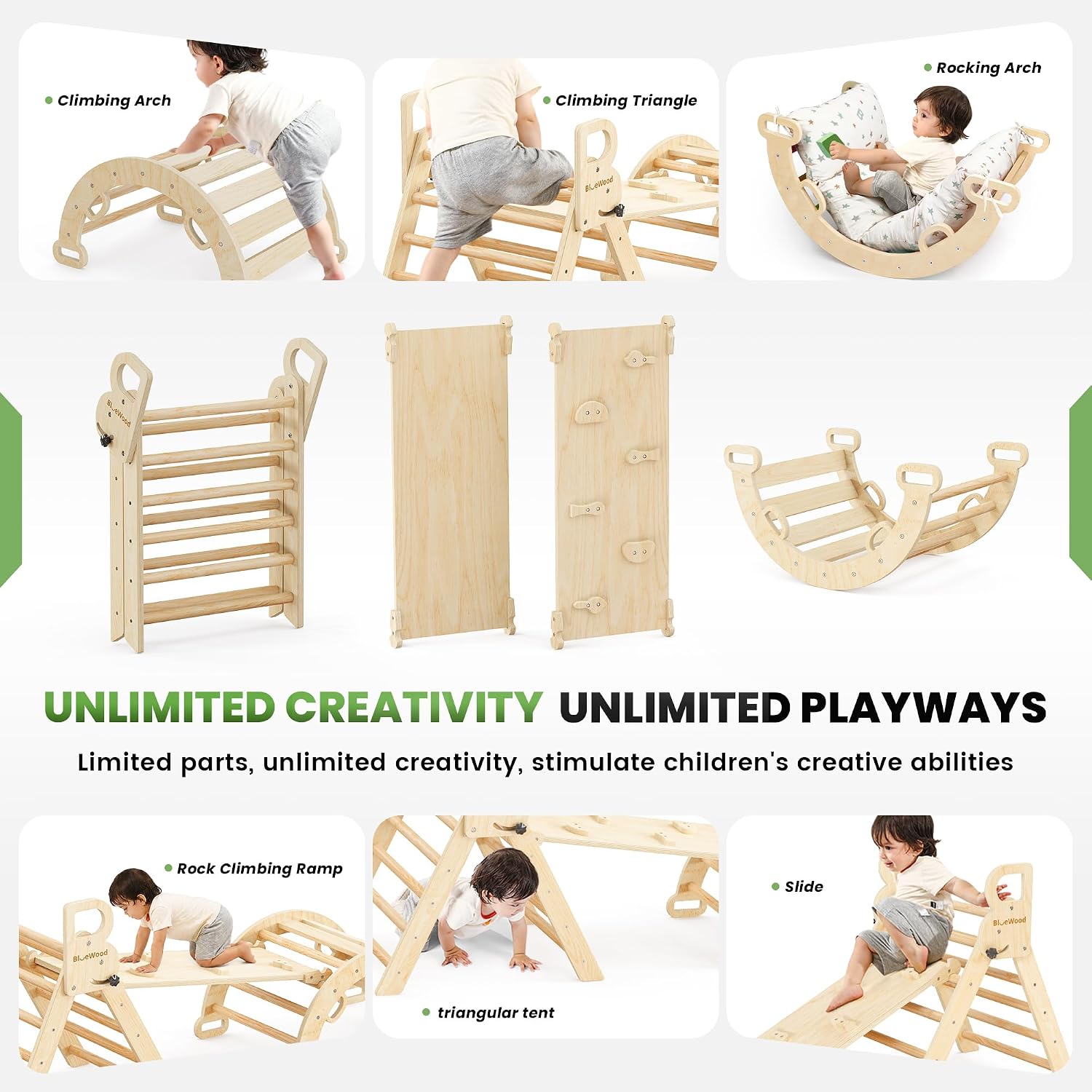 BlueWood Pikler Triangle Set with Cushion, 8-in-1 Climbing Toys for Toddlers, Montessori Philosophy Play Jungle Gym with Arch, Ramp, Ladder(Natural Wood)