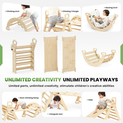 BlueWood Pikler Triangle Set with Cushion, 8-in-1 Climbing Toys for Toddlers, Montessori Philosophy Play Jungle Gym with Arch, Ramp, Ladder(Natural Wood)