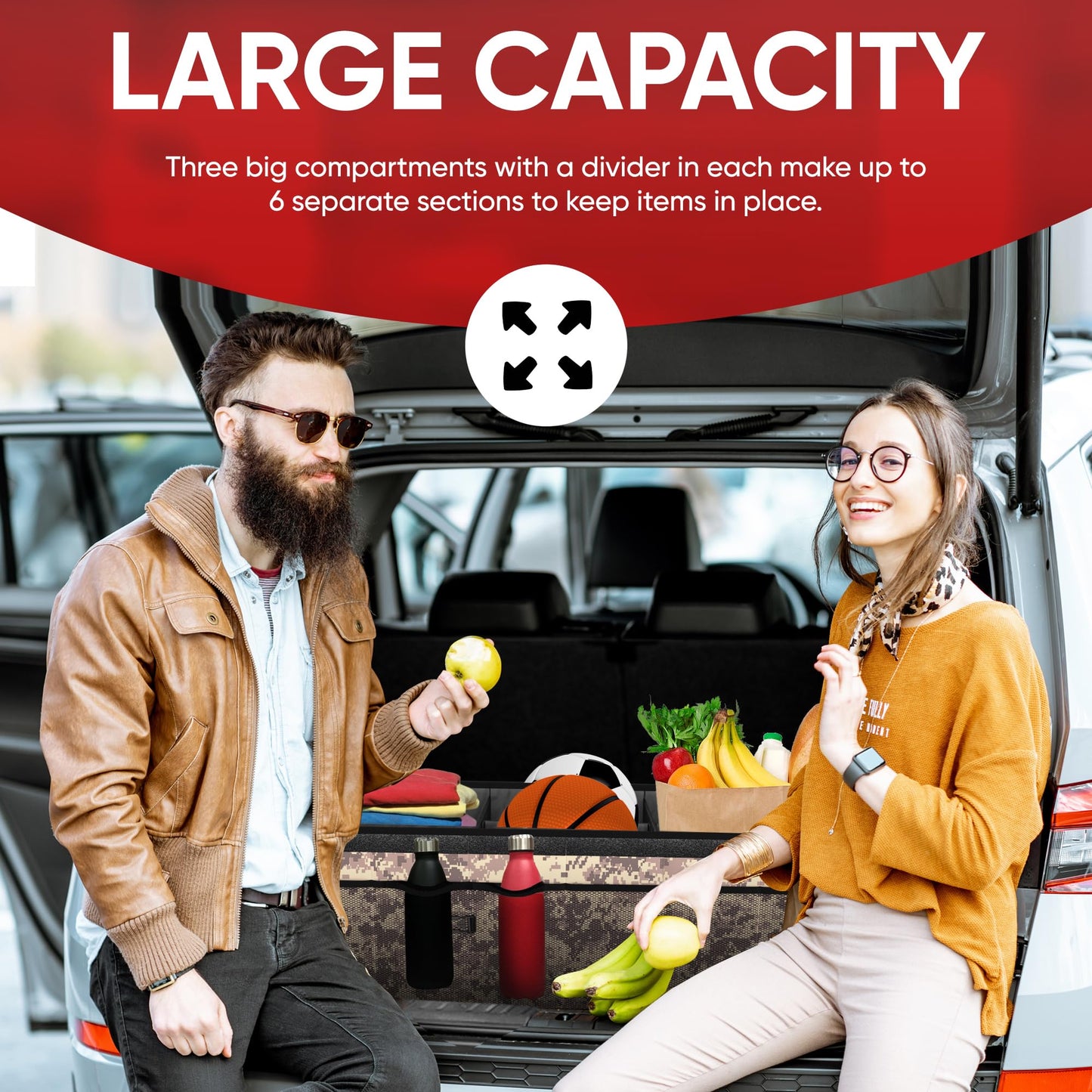 FORTEM Car Trunk Organizer, Collapsible Multi Compartment Car Organizer, Foldable SUV Storage for Car Accessories for Women Men, Non Slip Bottom, Securing Straps, Soft Cover 50L (Black, Standard)