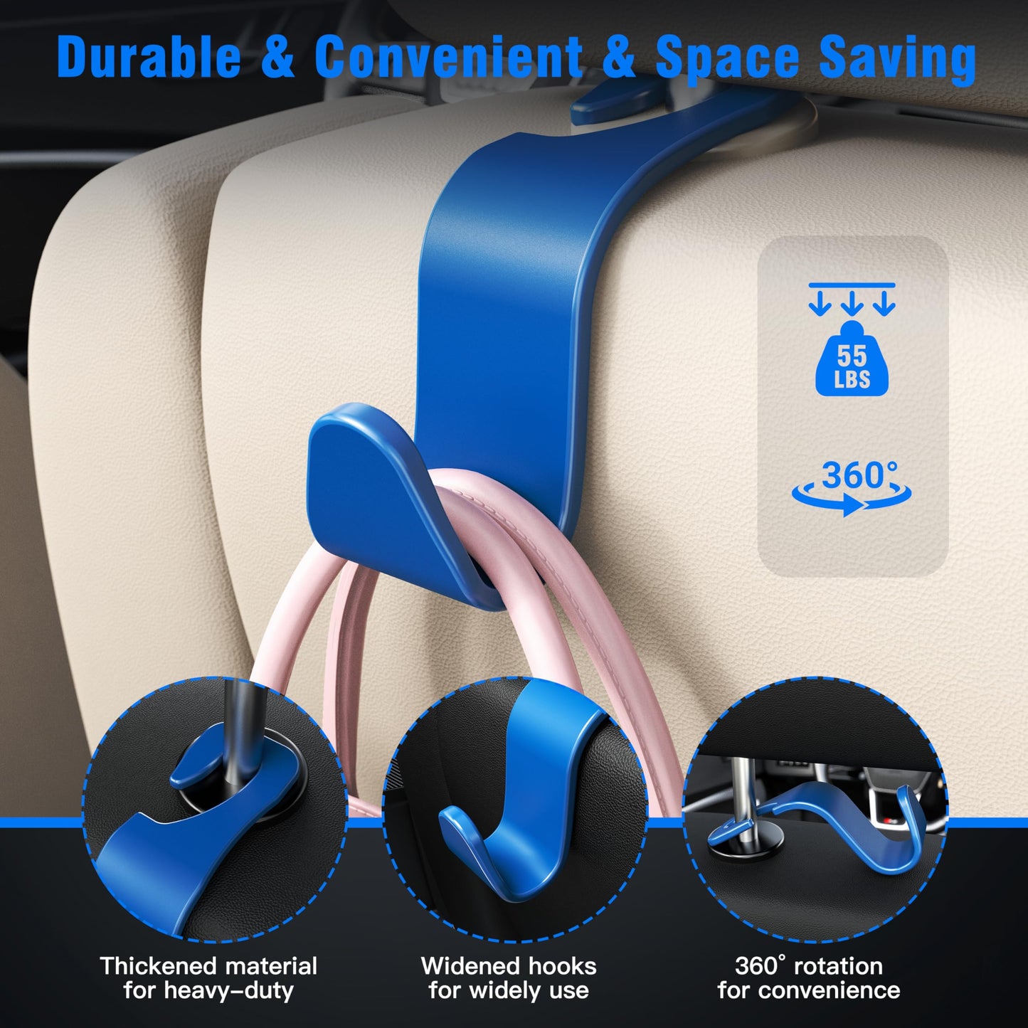 Amooca 4-Pack Car Headrest Hooks Vehicle Storage Organizer for Purses Handbags Groceries Backpack Coats –Holds 55lbs 360° Rotating Black