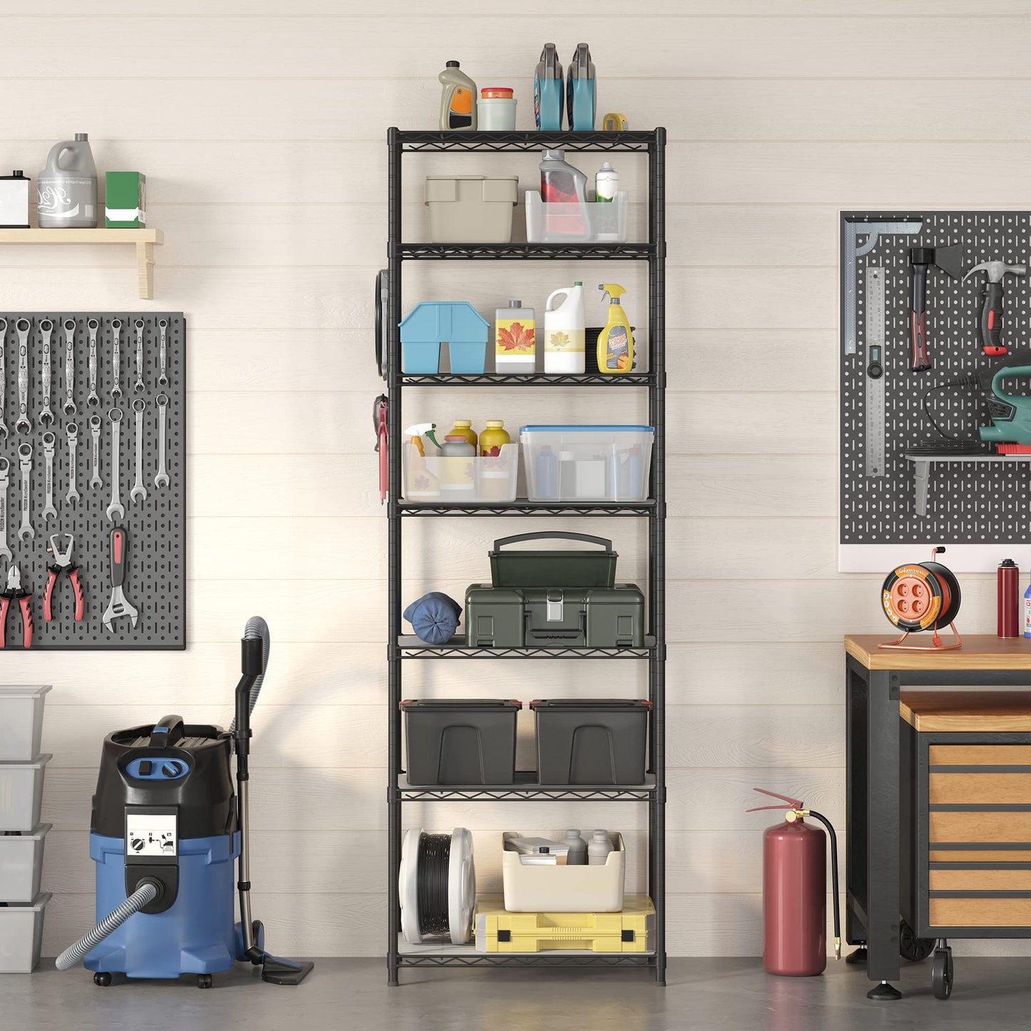 SONGMICS Storage Shelf, Small Metal Wire Shelving Unit, Adjustable Shelves, for Small Spaces, Garage, Bedroom, Living Room, Kitchen, Pantry, 5 Tier, 11.8 x 11.8 x 47.6 Inches, Ink Black ULGR123BH01