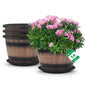 Quarut Plant Pots Set of 4 Pack 12 inch,Large Whiskey Barrel Planters with Drainage Holes & Saucer.Plastic Flower Pots Imitation Wine Barrel Design, for Indoor & Outdoor Garden Home Plants (Brown)
