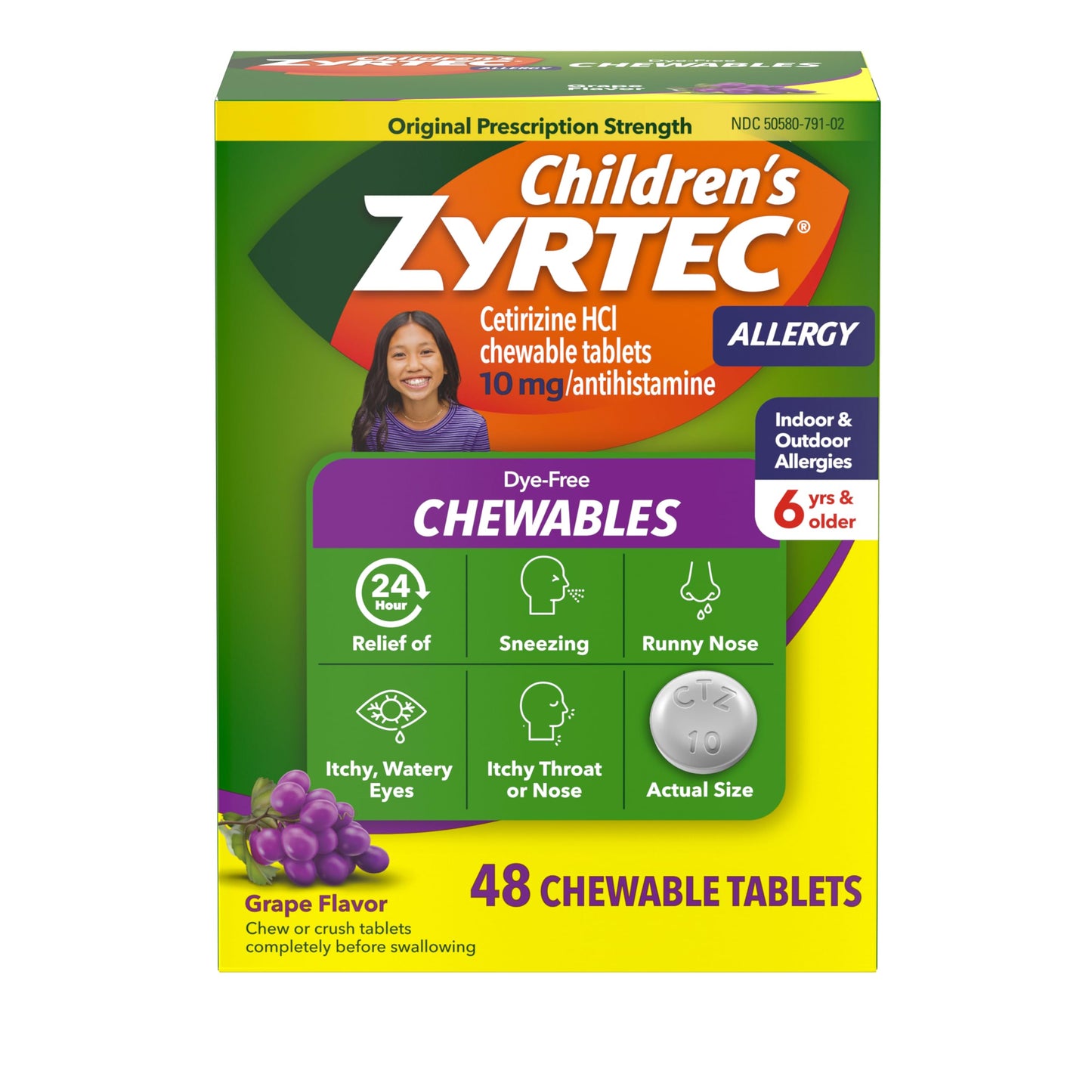 Zyrtec Children's Dye-Free Chewables for 24 Hour Allergy Relief, 10 mg Cetirizine Hydrochloride Antihistamine Tablets, Kids Allergy Medicine Relieves Sneezing & Itchy Throat, Grape, 48 ct(Pack of 2)