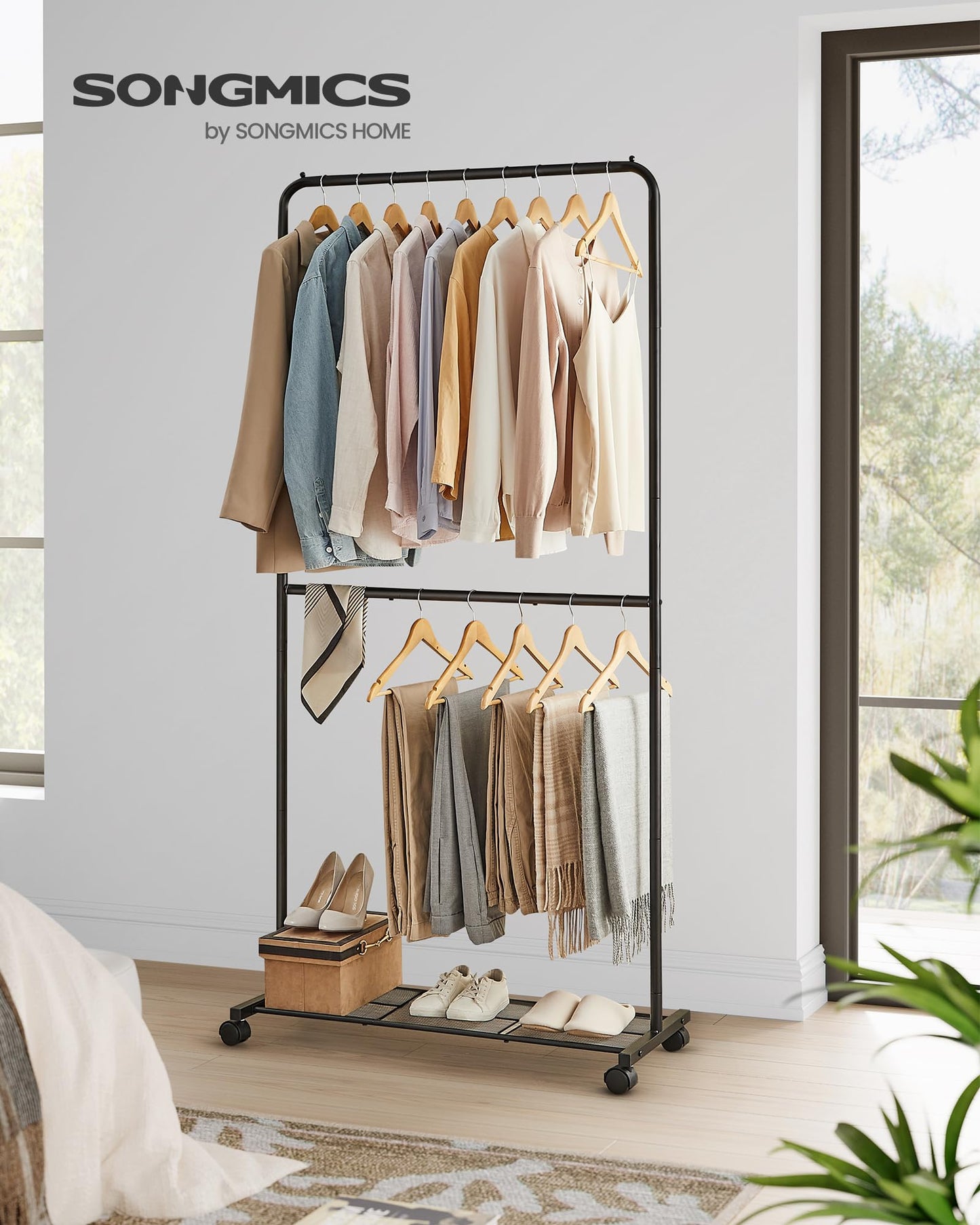 SONGMICS Clothes Rack with Wheels, Clothing Rack for Hanging Clothes, 25.4 mm Metal Garment Rack with Dense Mesh Storage Shelf, 110 lb Load Capacity, 2 Brakes, Black UHSR25BK