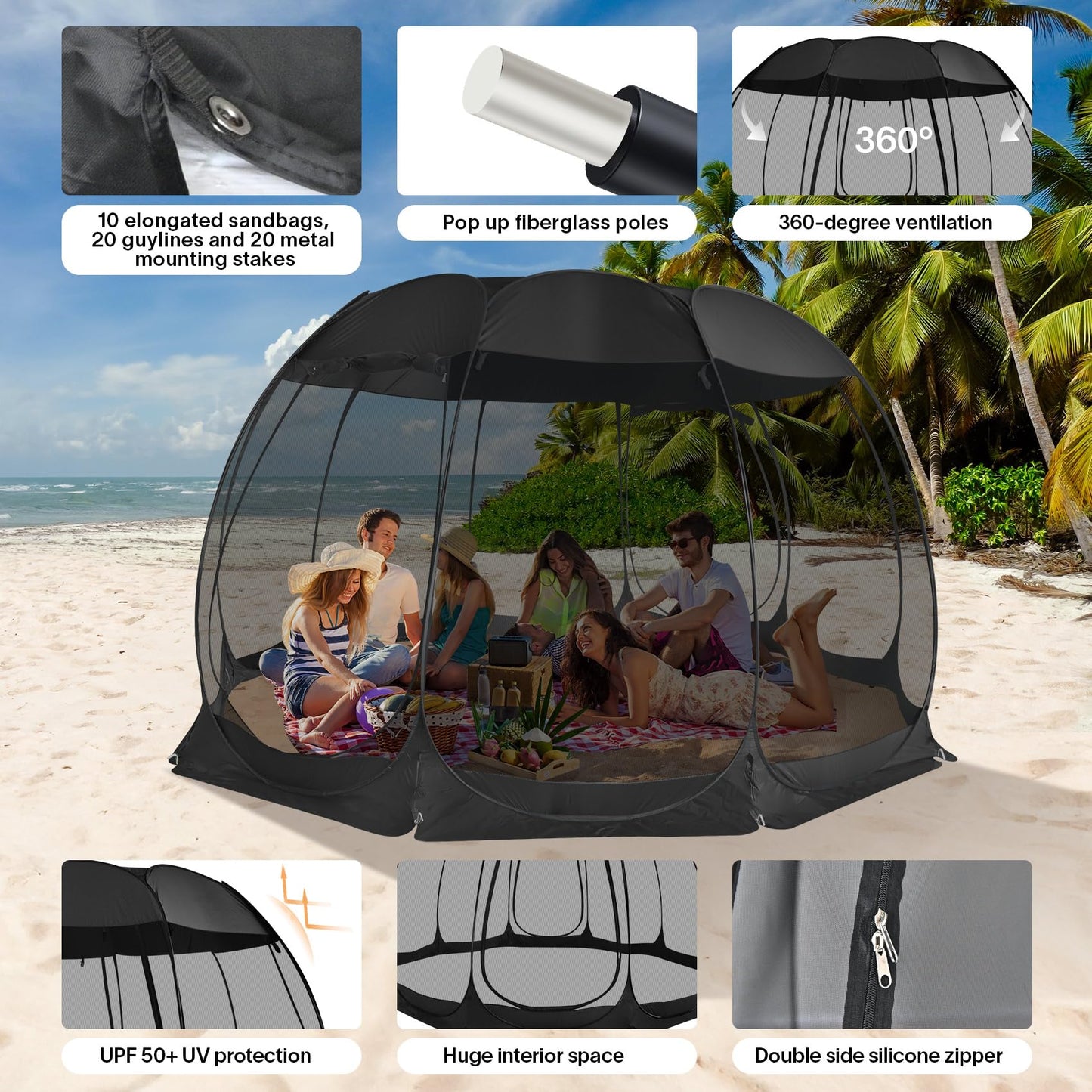 Alvantor Pop Up Screen House Tent, Instant Outdoor Gazebo with Mosquito Netting & UPF 50+ Sun Protection, Portable Canopy Shelter for Patio, Backyard, Camping (2-10 Person)