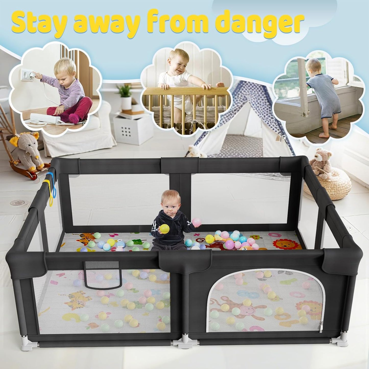 Palopalo Baby Laufgitter, 180x150cm Extra Großer Laufstall für Babys und Kleinkinder, Baby-Aktivitätszentrum mit 8 Saugnapfbasen, Baby-Laufstall mit Tür und weichem, atmungsaktivem Netz, Ohne Matte
