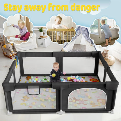 Palopalo Baby Laufgitter, 180x150cm Extra Großer Laufstall für Babys und Kleinkinder, Baby-Aktivitätszentrum mit 8 Saugnapfbasen, Baby-Laufstall mit Tür und weichem, atmungsaktivem Netz, Ohne Matte