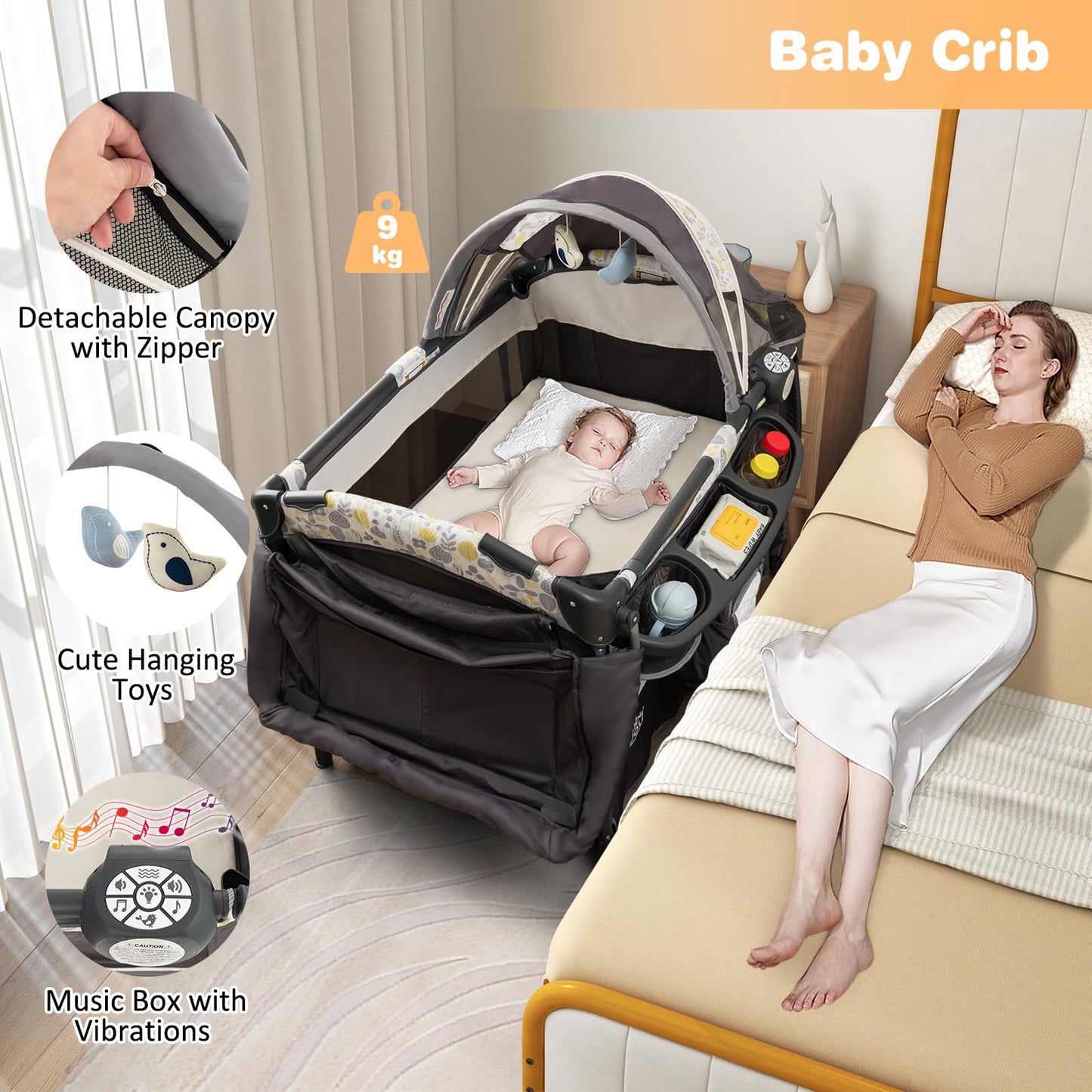 BABY JOY 4 in 1 Pack and Play, Portable Baby Playard with Bassinet & Flip-Away Changing Table, Canopy, Portable Bedside Crib with Storage Basket, Oxford Bag, Infant Bassinet from Newborn to Toddlers