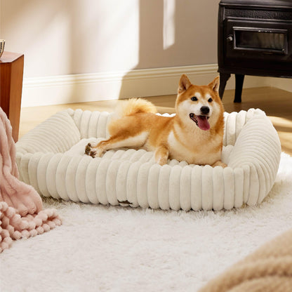 Bedsure ComfyFleece™ Cute Dog Bed for Small Medium Dogs - Washable Furry Puppy Beds, Rectangle Orthopedic Corduroy Fleece Pet Beds with Removable Zipper Cover, 25x21x7inches, Cream