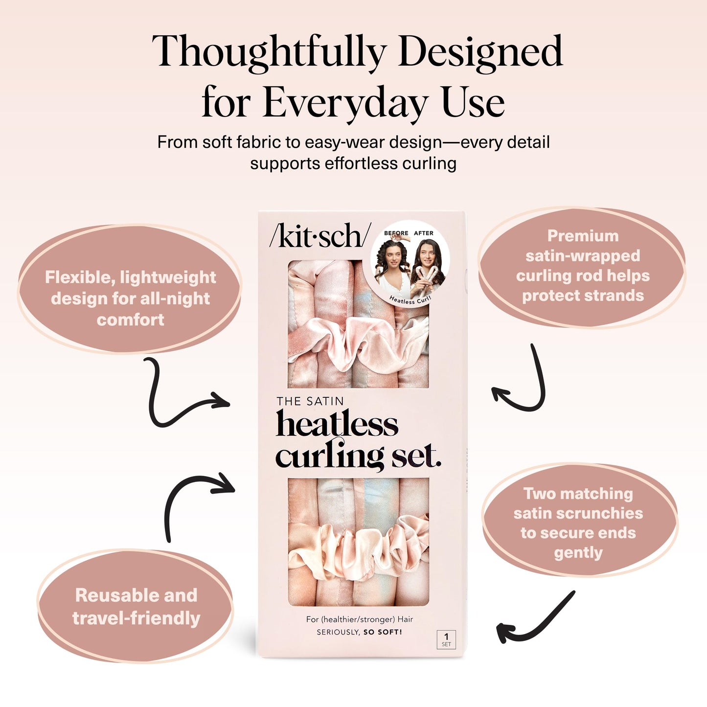 Kitsch Satin Heatless Lockenwickler Set – Hitzefreie Locken über Nacht mit 34" Haarwickler & 2 Satin Scrunchies – Bequeme Haarwickler zum Schlafen für frizzfreies, hitzefreies Styling – Sunset Tie Dye