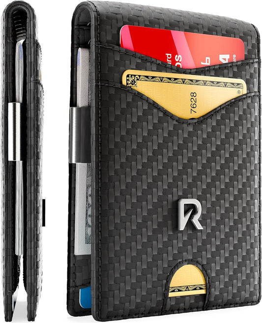 Slim RFID Wallet for Mens – Minimalist Wallet for Men with Money Clip, Holds 12 Cards – Durable Leather Carbon Fiber Men’s Wallet – Perfect Mens Gift (Money Clip, Black Carbon)