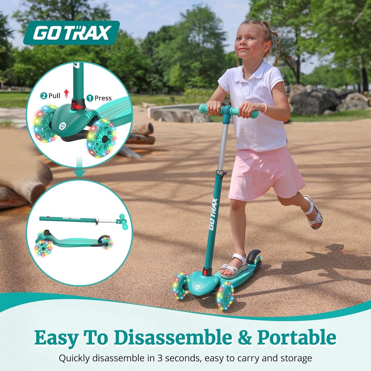 Gotrax KS1 Kinder-Roller, LED-Räder und 3-fach verstellbare Lenkerhöhe, Lean-to-Steer & breites Anti-Rutsch-Deck, 3-Rad-Roller für Jungen und Mädchen ab 3 Jahren und bis 45 kg