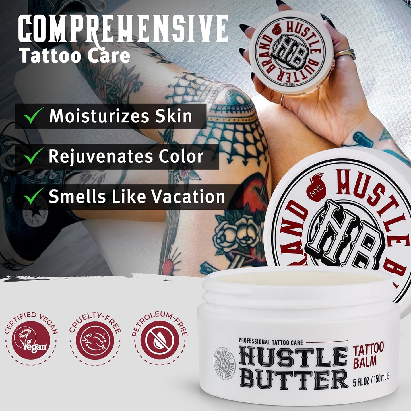 Hustle Butter Tattoo Aftercare 142g Tattoo Balsam, heilt + schützt neue Tätowierungen und verjüngt ältere Tätowierungen – 100% vegane Tattoo Creme ohne Petroleum