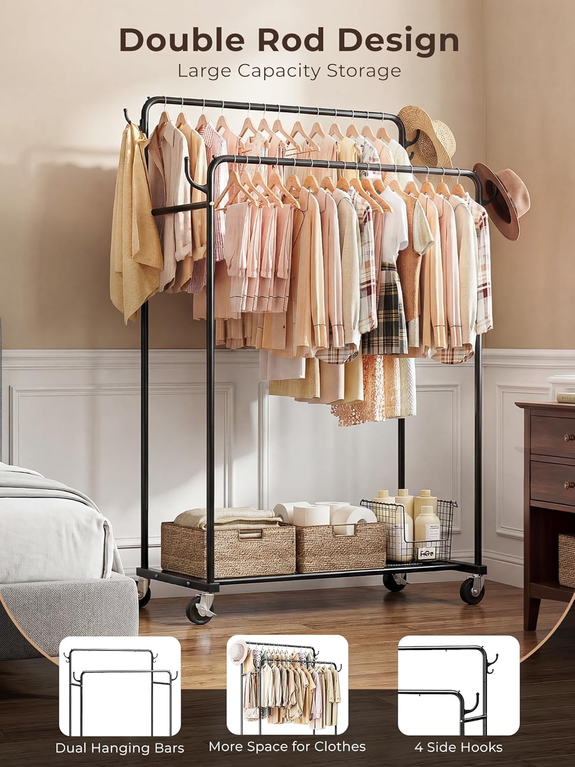 Clothes Rack, Rolling Clothing Rack with Double Rods for Hanging Clothes, Portable Garment Rack with Wheels, Metal Wardrobe Closet Organizer for Bedroom and Laundry Room