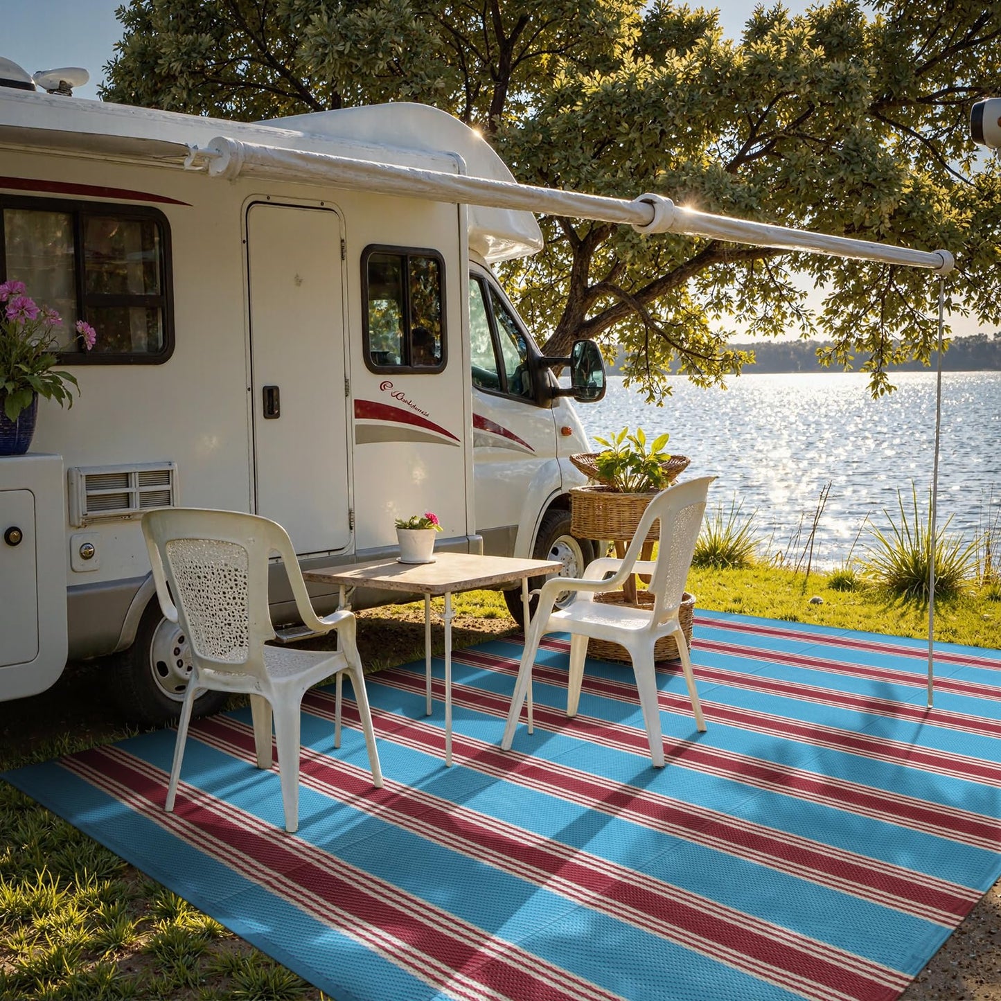 Lahome Outdoor Rugs 8x10 Waterproof, Reversible Outdoor Plastic Straw Rug for Camping Patio, RV Outdoor Rugs Outside, Outdoor Carpet for Porch Deck Backyard Picnic(Blue/Yellow,8'x 10')