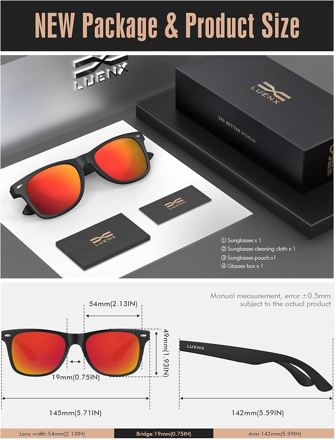 LUENX Polarisierte Sonnenbrillen für Herren und Damen, quadratische Fassung – UV-400-Schutz, 54 mm